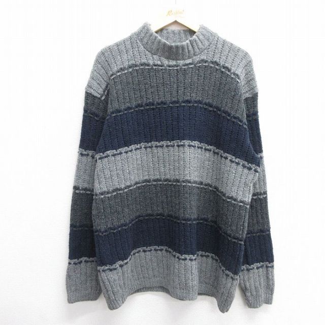 XL★古着 長袖 セーター メンズ 90年代 90s モックネック ハイネック USA製 グレー他 ボーダー 25mar28 中古 ニット トップス