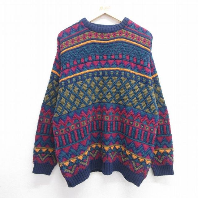 【50%OFF】XL★古着 長袖 セーター メンズ 90年代 90s コットン クルーネック USA製 紺他 ネイビー 25mar28 中古 ニット トップス