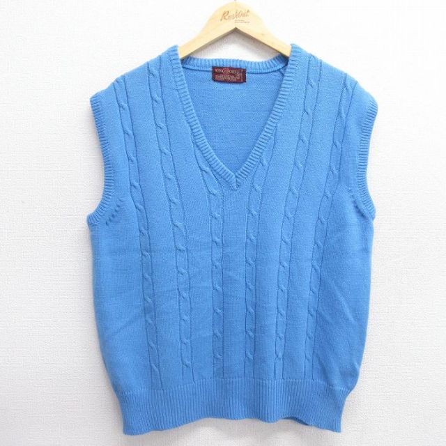 L★古着 ケーブル ニット ベスト メンズ 80年代 80s アクリル Vネック 薄紺 ネイビー 25mar28 中古 トップス