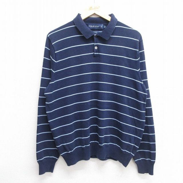 L★古着 ラルフローレン Ralph Lauren ポロゴルフ 長袖 ブランド セーター メンズ 90年代 90s 襟付き 濃紺他 ネイビー ボーダー 【spe】 25mar28 中古 ニット トップス