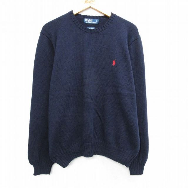 XL★古着 ラルフローレン Ralph Lauren 長袖 ブランド セーター メンズ 90年代 90s ワンポイントロゴ 大きいサイズ コットン クルーネック 紺 ネイビー 25mar28 中古 ニット トップス