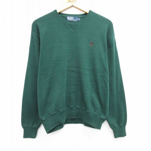 L★古着 ラルフローレン Ralph Lauren 長袖 ブランド セーター メンズ 90年代 90s ワンポイントロゴ コットン クルーネック 緑 グリーン 25mar28 中古 ニット トップス