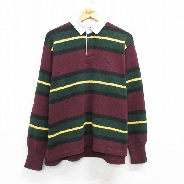XL★古着 長袖 ブランド ラガー セーター メンズ 90年代 90s ワンポイントロゴ コットン エンジ他 ボーダー 25mar28 中古 ニット トップス