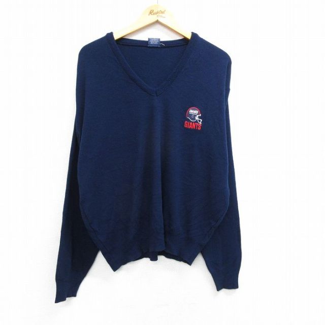 【50%OFF】XL★古着 長袖 セーター メンズ 90年代 90s NFL ニューヨークジャイアンツ アクリル Vネック USA製 紺 ネイビー アメフト スーパーボウル 25mar28 中古 ニット トップス
