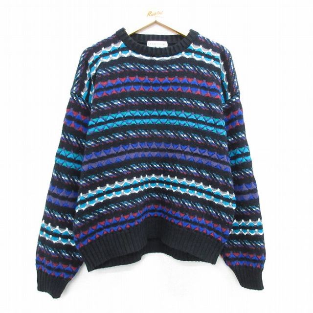 XL★古着 長袖 セーター メンズ 90年代 90s アクリル クルーネック 黒他 ブラック 25mar28 中古 ニット トップス