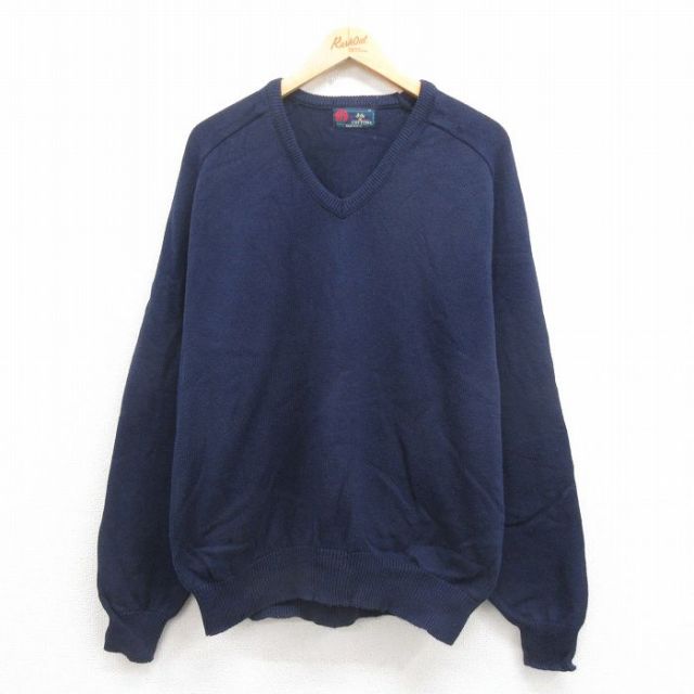 【20%OFF】XL★古着 長袖 セーター メンズ 90年代 90s 無地 コットン ラグラン Vネック 紺 ネイビー 25aug30 中古 ニット トップス