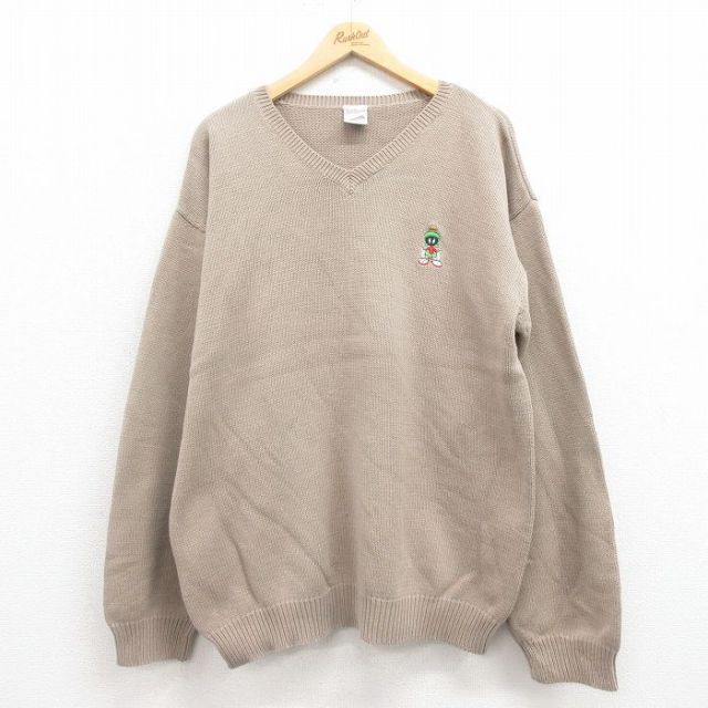 XL★古着 長袖 セーター メンズ 90年代 90s ルーニーテューンズ LOONEY TUNES マービンザマーシャン コットン Vネック ベージュ カーキ 【spe】 25aug30 中古 ニット トップス
