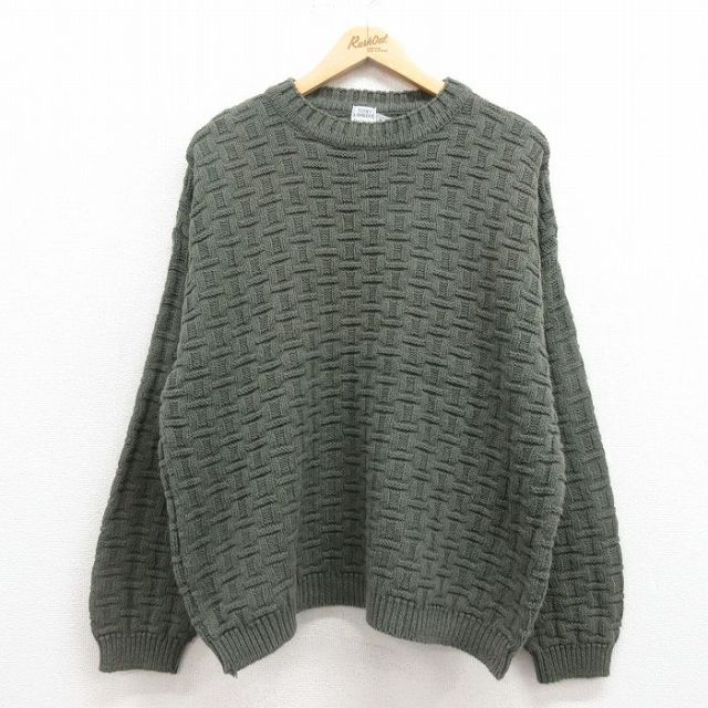 XL★古着 長袖 ケーブル セーター メンズ 90年代 90s コットン クルーネック USA製 緑 グリーン 25aug30 中古 ニット トップス