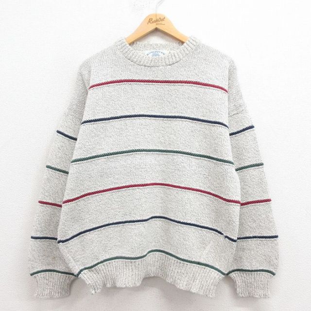 【50%OFF】XL★古着 長袖 セーター メンズ 90年代 90s コットン クルーネック USA製 グレー 霜降り ボーダー 25aug30 中古 ニット トップス