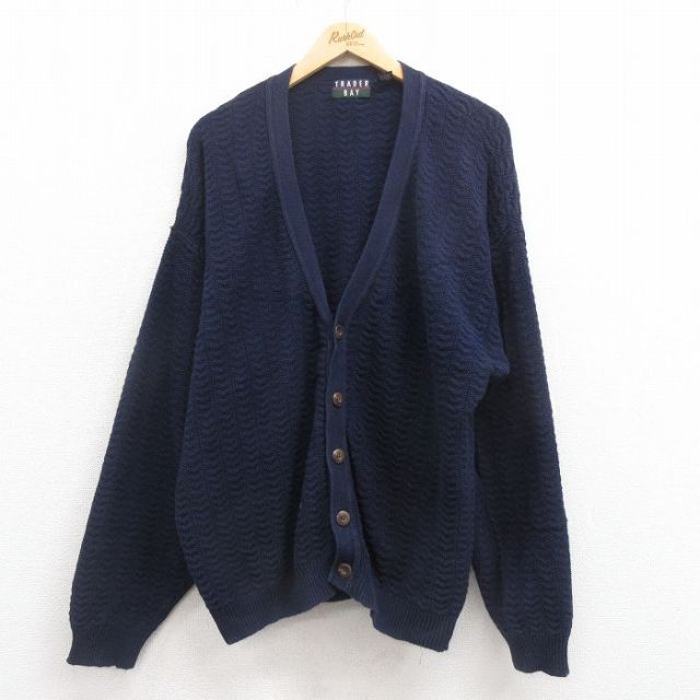 XL★古着 長袖 ニット カーディガン メンズ 90年代 90s 大きいサイズ コットン USA製 紺 ネイビー 25aug30 中古 トップス
