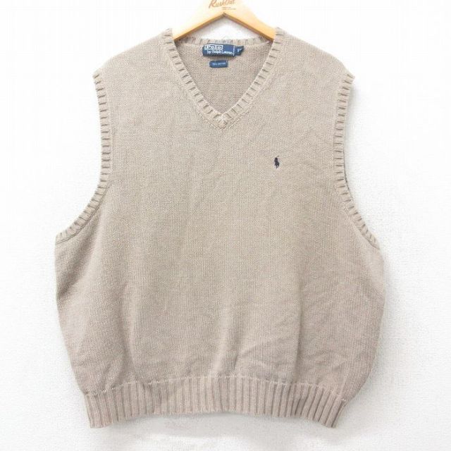 XL★古着 ラルフローレン Ralph Lauren ブランド ニット ベスト メンズ 90年代 90s ワンポイントロゴ 大きいサイズ コットン ベージュ系 カーキ 25sep03 中古 トップス