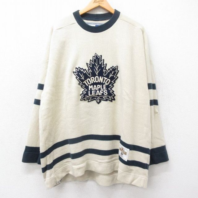XL★古着 長袖 セーター メンズ NHL TORONT 刺繍 大きいサイズ アクリル クルーネック カナダ製 生成り他 アイスホッケー 25sep03 中古 ニット トップス