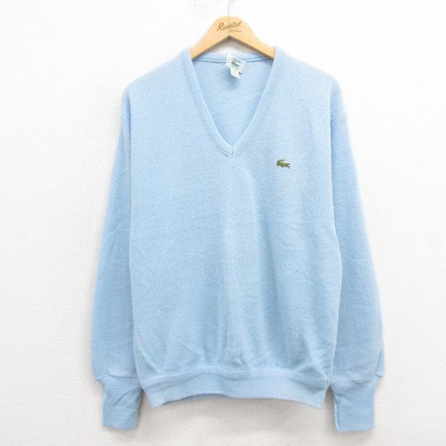 L★古着 ラコステ LACOSTE IZOD 長袖 ブランド セーター メンズ 90年代 90s ワンポイントロゴ アクリル Vネック USA製 水色 25sep04 中古 ニット トップス