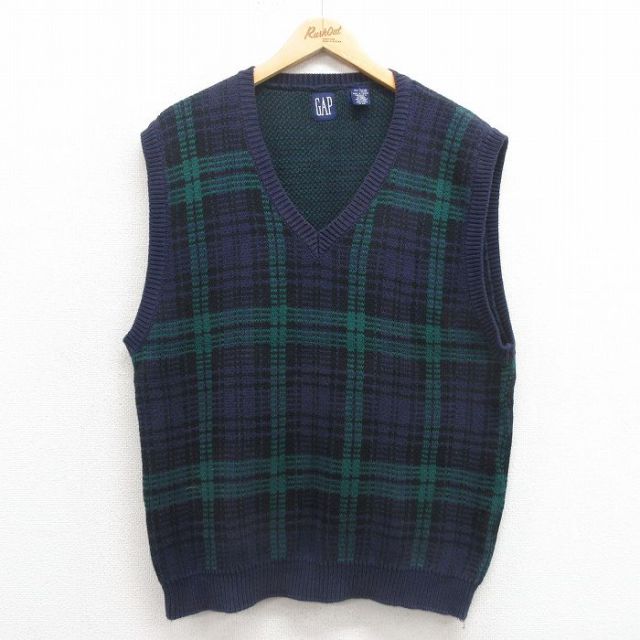 M★古着 ギャップ GAP ニット ベスト メンズ 90年代 90s コットン Vネック 濃紺他 ネイビー チェック 【spe】 25sep05 中古 トップス