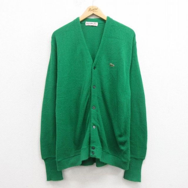 L★古着 IZOD 長袖 ニット カーディガン メンズ 70年代 70s ワンポイントロゴ 緑 グリーン 25sep05 中古 トップス