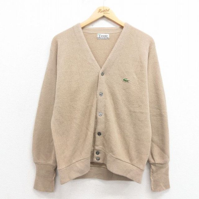 M★古着 ラコステ LACOSTE IZOD 長袖 ブランド ニット カーディガン メンズ 80年代 80s ワンポイントロゴ USA製 ベージュ カーキ 25sep05 中古 トップス