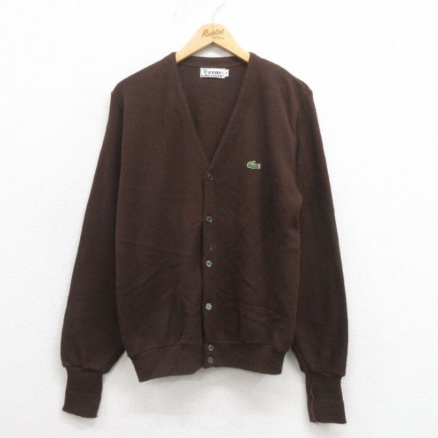 M★古着 ラコステ LACOSTE IZOD 長袖 ブランド ニット カーディガン メンズ 80年代 80s ワンポイントロゴ こげ茶 ブラウン 25sep05 中古 トップス