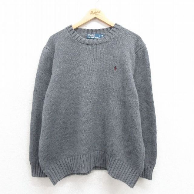 XL★古着 ラルフローレン Ralph Lauren 長袖 ブランド セーター メンズ 90年代 90s ワンポイントロゴ 大きいサイズ コットン クルーネック グレー 霜降り 【spe】 25sep05 中古 ニット トップス