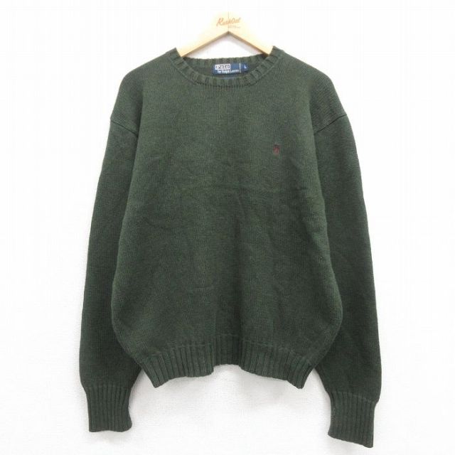 L★古着 ラルフローレン Ralph Lauren 長袖 ブランド セーター メンズ 90年代 90s ワンポイントロゴ コットン クルーネック 緑 グリーン 【spe】 25sep06 中古 ニット トップス