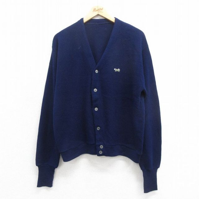 XL★古着 長袖 ニット カーディガン メンズ 80年代 80s アクリル 紺 ネイビー 25sep06 中古 トップス