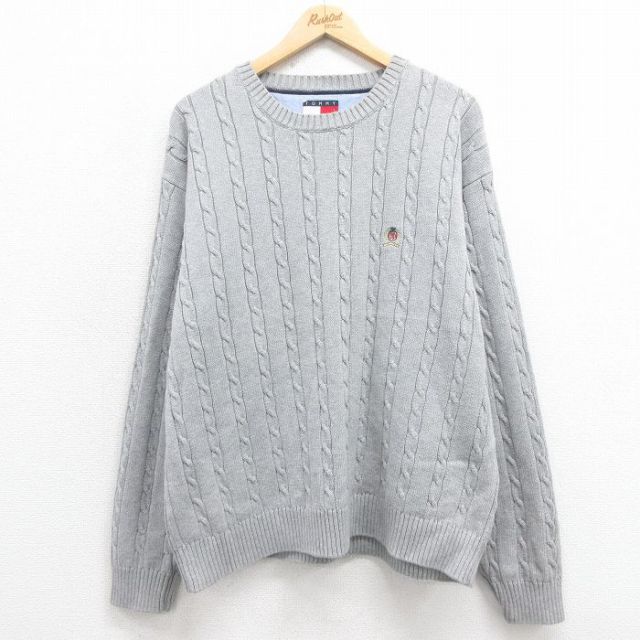 XL★古着 トミーヒルフィガー TOMMY HILFIGER 長袖 ブランド ケーブル セーター メンズ 90年代 90s ワンポイントロゴ 大きいサイズ コットン クルーネック グレー 25sep06 中古 ニット トップス