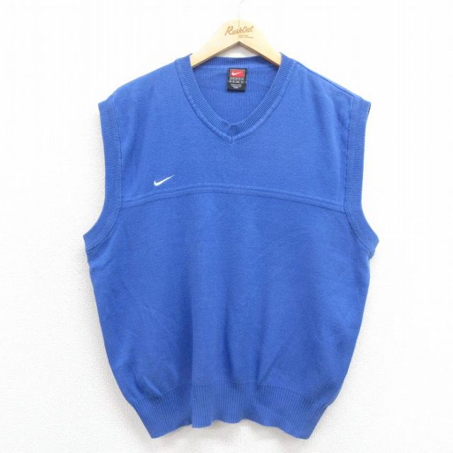 【20%OFF】L★古着 ナイキ NIKE ニット ベスト メンズ 00年代 00s ワンポイントロゴ コットン Vネック 青 ブルー 25sep06 中古 トップス