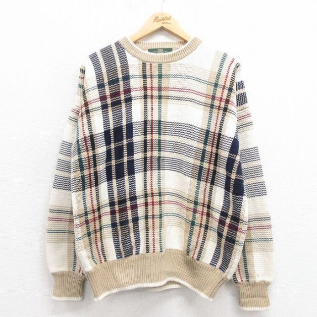 XL★古着 オービス ORVIS 長袖 セーター メンズ 90年代 90s コットン クルーネック ベージュ他 カーキ 25sep06 中古 ニット トップス
