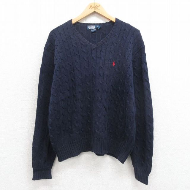 XL★古着 ラルフローレン Ralph Lauren 長袖 ブランド ケーブル セーター メンズ 90年代 90s ワンポイントロゴ コットン Vネック 紺 ネイビー 25sep06 中古 ニット トップス