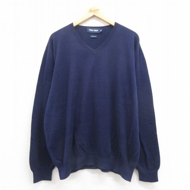 XL★古着 ラルフローレン Ralph Lauren ポロゴルフ 長袖 ブランド セーター メンズ 90年代 90s 無地 コットン Vネック 紺 ネイビー 25sep06 中古 ニット トップス
