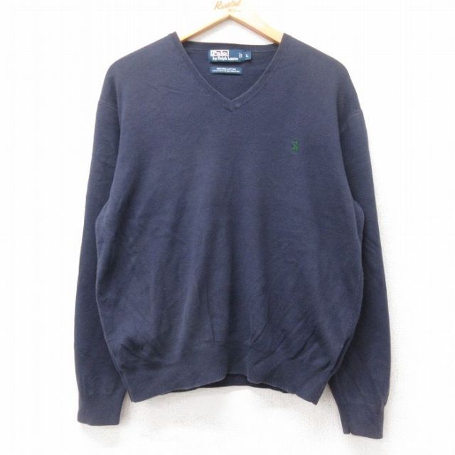 L★古着 ラルフローレン Ralph Lauren 長袖 ブランド セーター メンズ 90年代 90s ワンポイントロゴ コットン Vネック 紺 ネイビー 25sep09 中古 ニット トップス