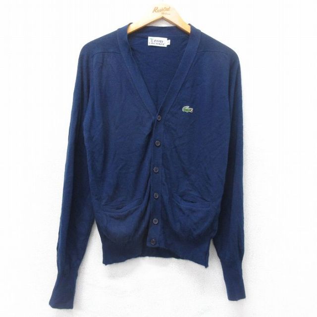 M★古着 ラコステ LACOSTE IZOD 長袖 ブランド ニット　カーディガン メンズ 80年代 80s ワンポイントロゴ アクリル 紺 ネイビー 25sep11 中古 トップス