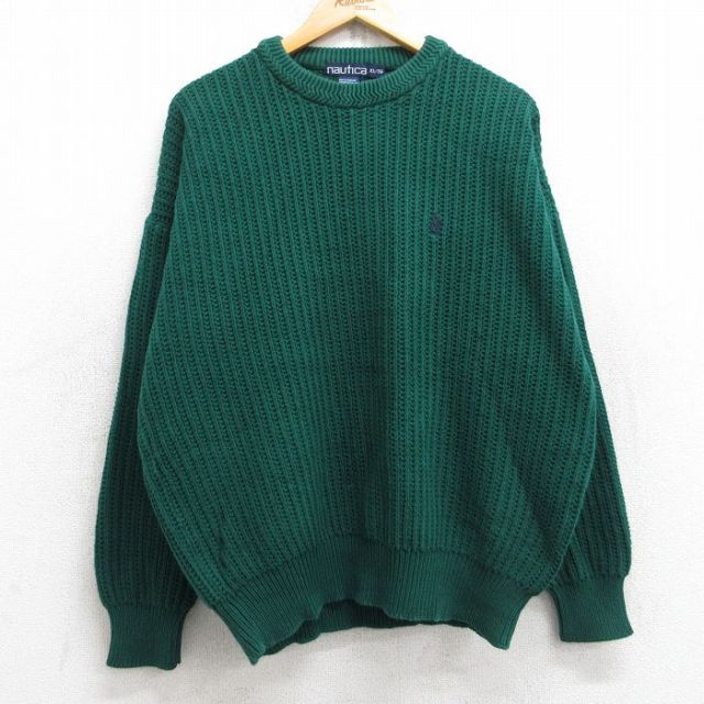 XL★古着 ノーティカ NAUTICA 長袖 ブランド セーター メンズ 90年代 90s ワンポイントロゴ コットン クルーネック 緑 グリーン 25sep12 中古 ニット トップス