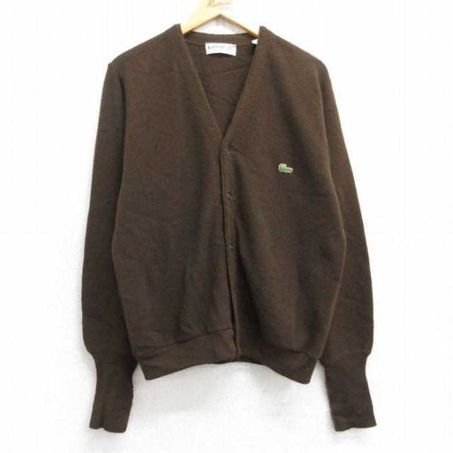 L★古着 IZOD 長袖 ニット カーディガン メンズ 70年代 70s ワンポイントロゴ アクリル USA製 茶 ブラウン 25sep12 中古 トップス
