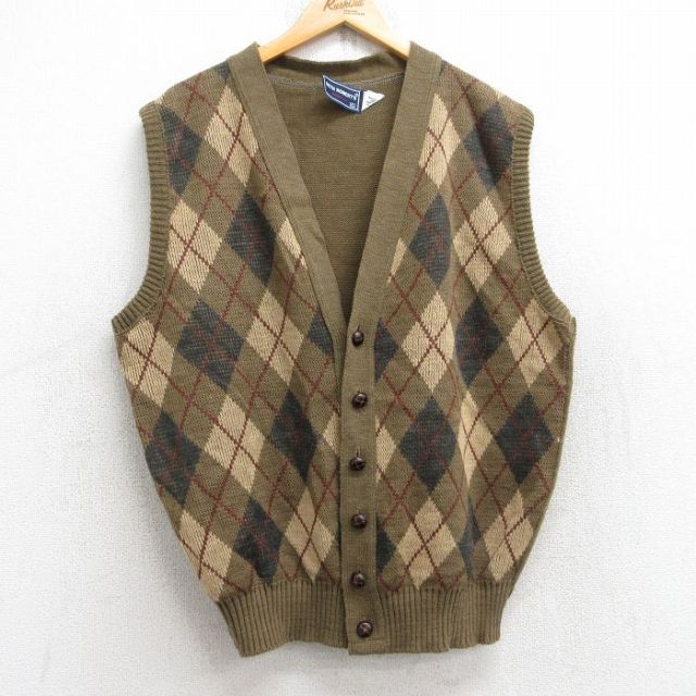 L★古着 ニット ベスト メンズ 90年代 90s アーガイル アクリル USA製 濃ベージュ系他 カーキ 25sep12 中古 トップス