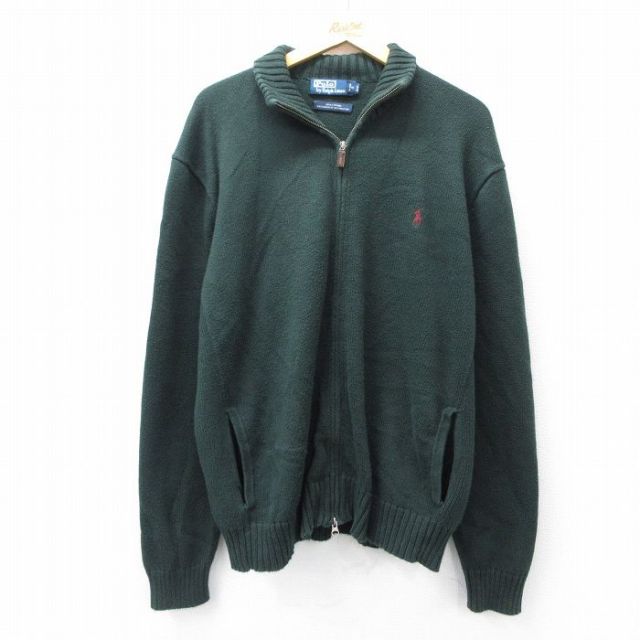 XL★古着 ラルフローレン Ralph Lauren 長袖 ブランド フルジップ ニット カーディガン メンズ 90年代 90s ワンポイントロゴ 大きいサイズ コットン 濃緑 グリーン 【spe】 25sep13 中古 トップス
