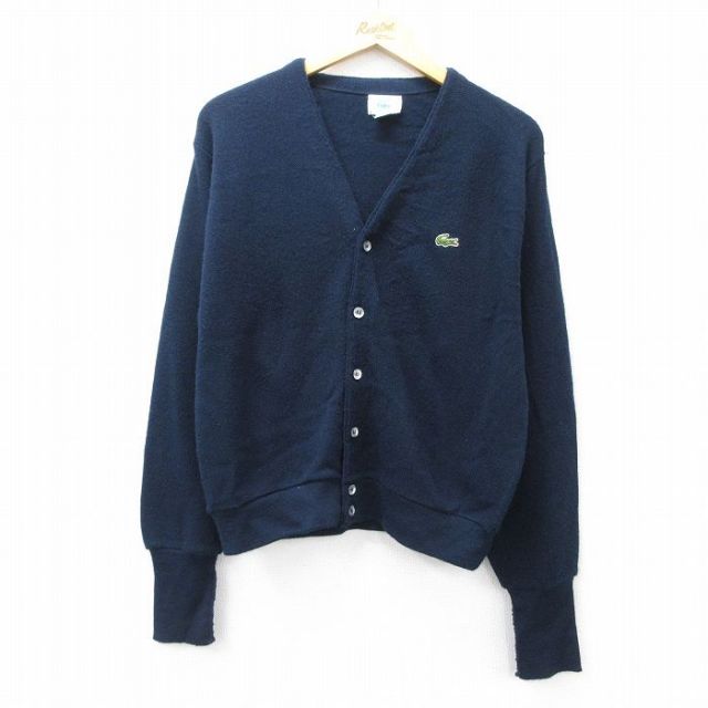 L★古着 ラコステ LACOSTE IZOD 長袖 ブランド ニット カーディガン メンズ 90年代 90s ワンポイントロゴ アクリル USA製 濃紺 ネイビー 25sep13 中古 トップス