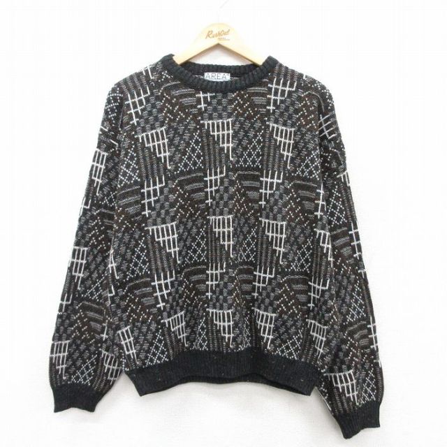 XL★古着 長袖 セーター メンズ 90年代 90s アクリル クルーネック USA製 茶他 ブラウン 25sep18 中古 ニット トップス