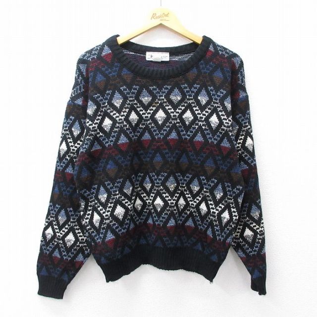 L★古着 長袖 セーター メンズ 90年代 90s 総柄 アクリル クルーネック USA製 黒他 ブラック 25sep20 中古 ニット トップス
