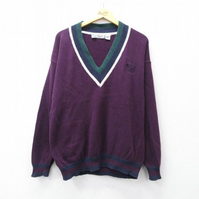 L★古着 ビューグルボーイ 長袖 チルデン セーター メンズ 90年代 90s ワンポイントロゴ コットン Vネック エンジ 25sep26 中古 ニット トップス