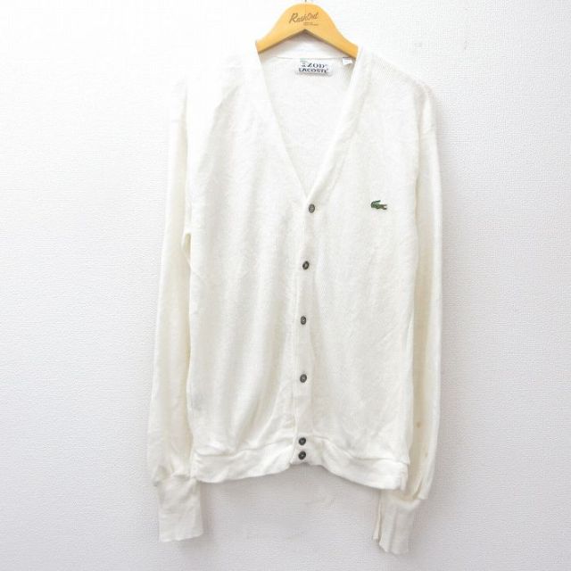 L★古着 ラコステ LACOSTE IZOD 長袖 ニット カーディガン メンズ 80年代 80s ワンポイントロゴ アクリル 白 ホワイト 25sep26 中古 トップス