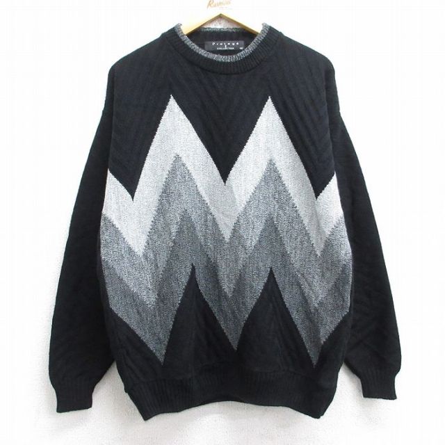 L★古着 長袖 セーター メンズ 90年代 90s アクリル クルーネック USA製 黒他 ブラック 25sep27 中古 ニット トップス