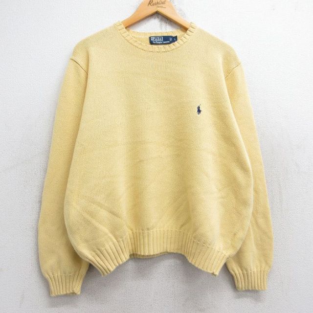 XL★古着 ラルフローレン Ralph Lauren 長袖 ブランド セーター メンズ 90年代 90s ワンポイントロゴ コットン クルーネック 黄色 イエロー 25sep27 中古 ニット トップス