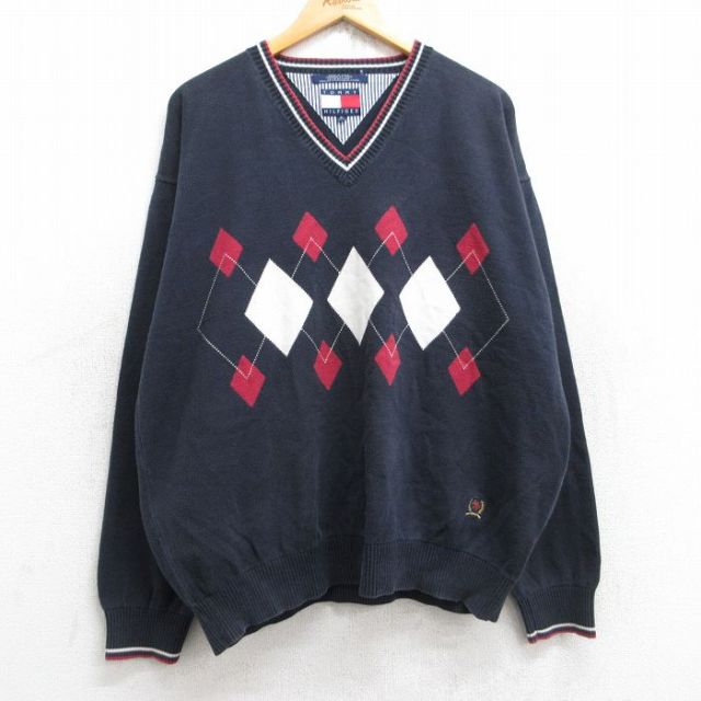 XL★古着 トミーヒルフィガー TOMMY HILFIGER 長袖 ブランド セーター メンズ 90年代 90s アーガイル ワンポイントロゴ コットン Vネック 紺 ネイビー 25sep27 中古 ニット トップス