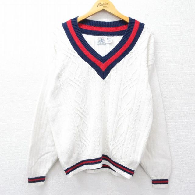 L★古着 長袖 ケーブル チルデン セーター メンズ 90年代 90s アクリル Vネック USA製 白 ホワイト 25sep27 中古 ニット トップス