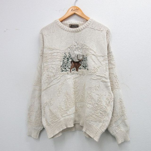 90s 長袖セーター シカ刺繍 ベージュ XL | 古着