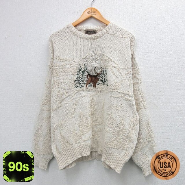 90s 長袖セーター シカ刺繍 ベージュ XL | 古着