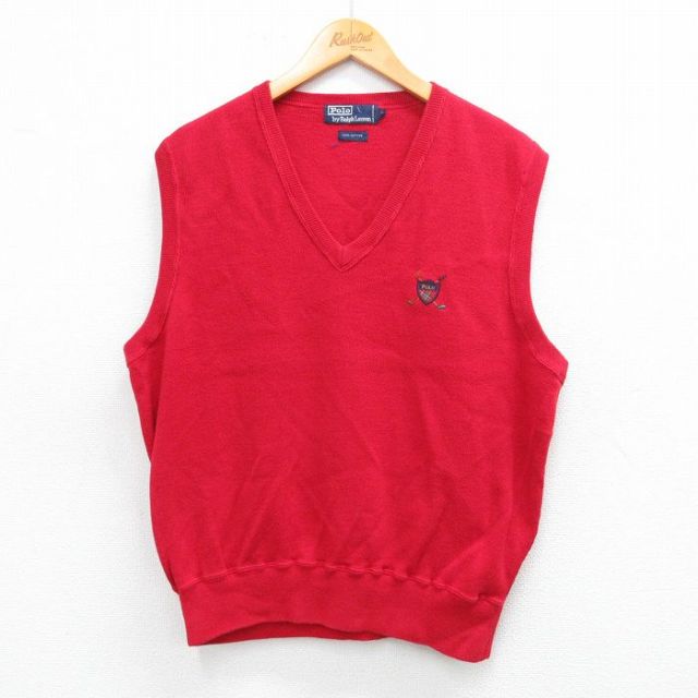 【50%OFF】ラルフローレン 90s ニットベスト ワンポイントロゴ レッド L | 古着