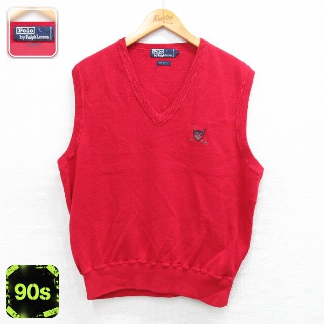 【50%OFF】ラルフローレン 90s ニットベスト ワンポイントロゴ レッド L | 古着