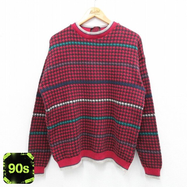 90s 長袖セーター 千鳥格子 レッド M | 古着