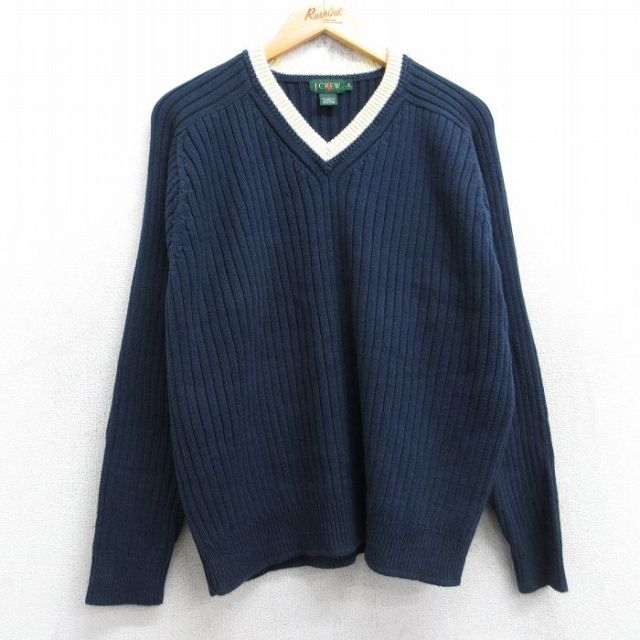 L★古着 ジェイクルー J.CREW 長袖 セーター メンズ 90年代 90s 無地ラグラン コットン Vネック 紺 ネイビー 【spe】 25sep27 中古 ニット トップス